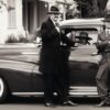 Three men in vintage gangster attire with classic car, Tustin, CA.
