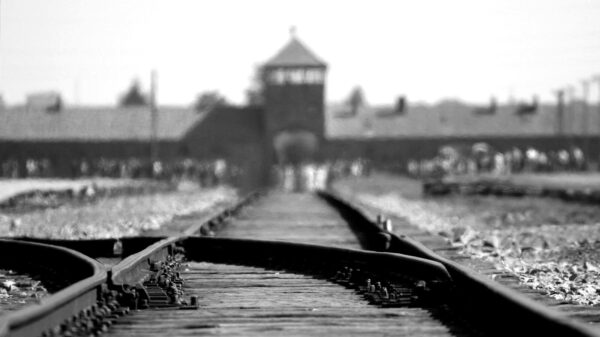 Black and white image of Auschwitz Birkenau railway tracks, symbolizing WWII history.