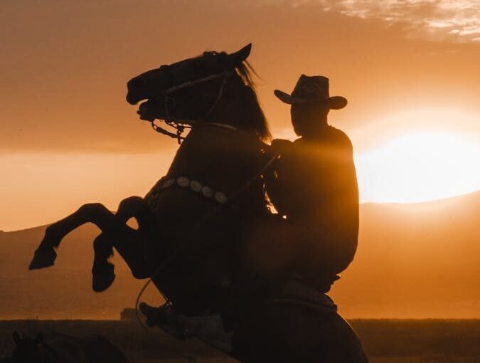 Silhouette of a cowboy on a rearing horse at sunset. Captures the essence of western life.