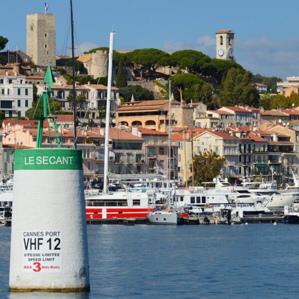 Picturesque Cannes harbor with luxury yachts and historic architecture on a sunny day.