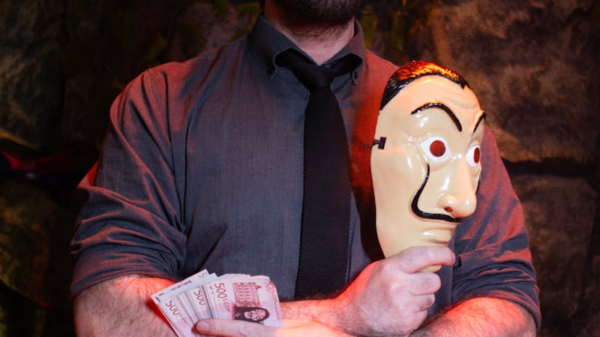 A bearded man stands in a dimly lit room holding a mask and money, exuding an air of mystery.