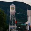 View of the iconic Warner Bros water tower in Burbank, California during sunset.