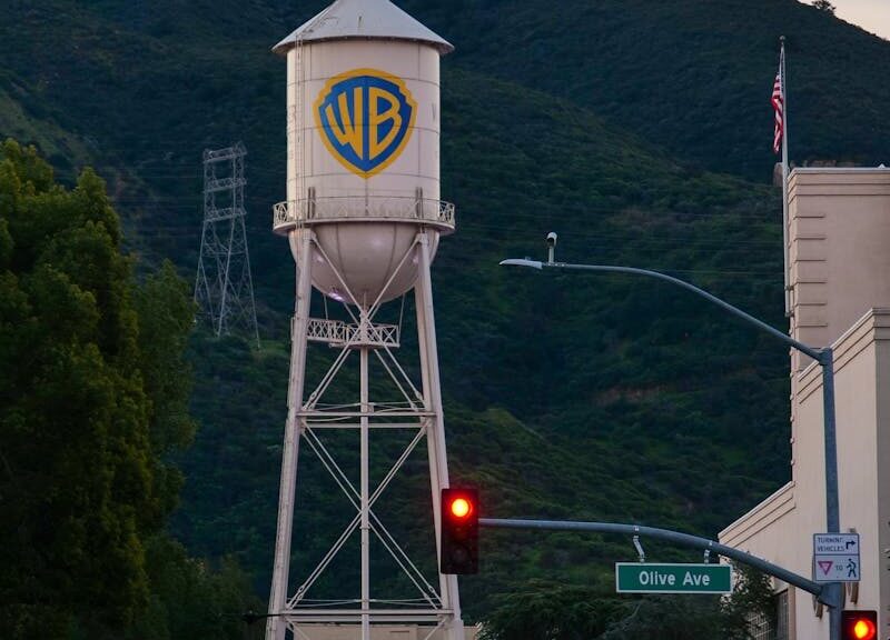 View of the iconic Warner Bros water tower in Burbank, California during sunset.