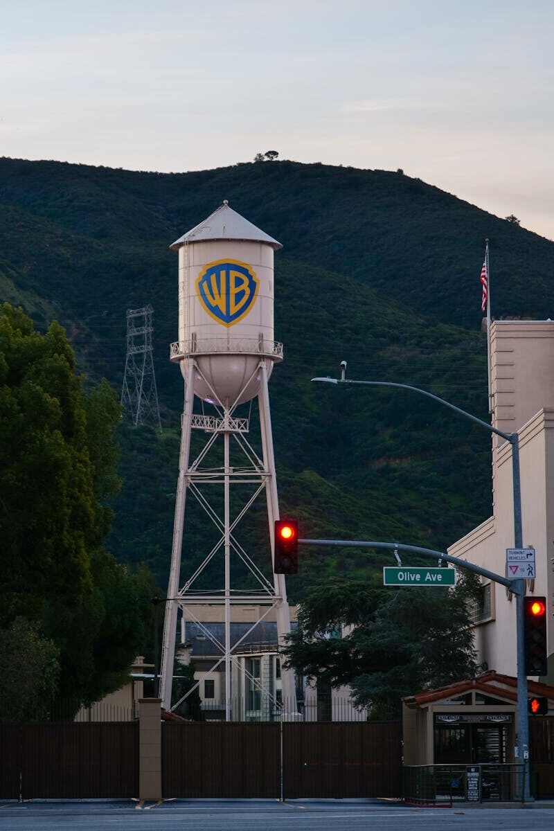 View of the iconic Warner Bros water tower in Burbank, California during sunset.