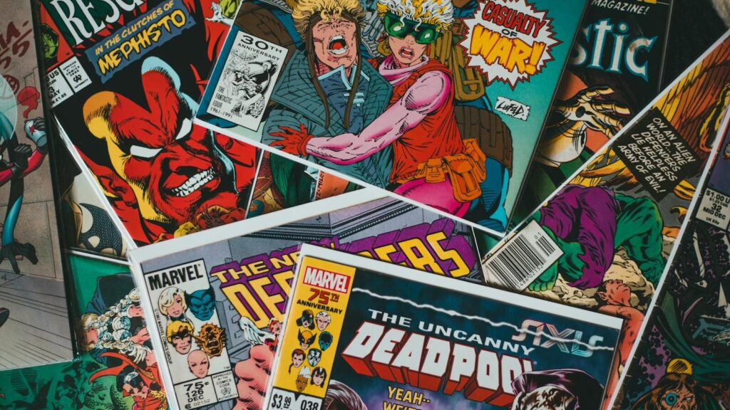 From above pile of collection of various famous comic books with colorful covers