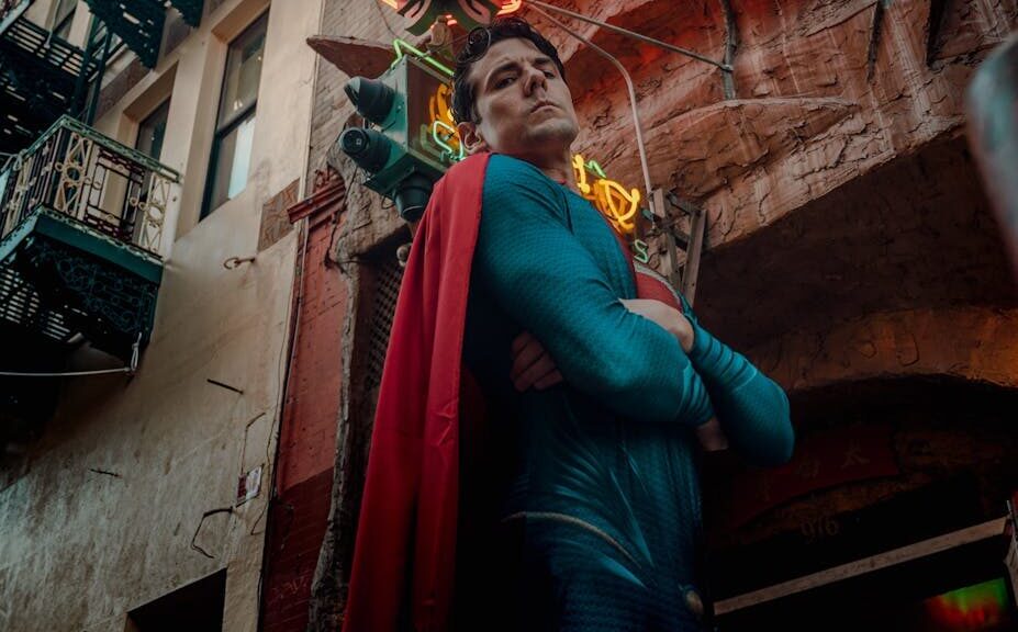 A superhero cosplayer poses in vibrant San Francisco Chinatown under neon lights.