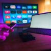 A cozy home setup featuring streaming services on smart TV, tablet, and smartphone.