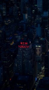 Iconic New Yorker Hotel sign glowing at night from above in a cityscape view.