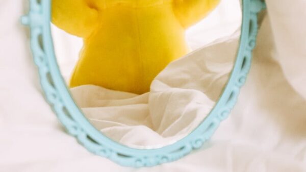 Adorable Pikachu plush reflected in a vintage mirror, adding a playful touch to decor.