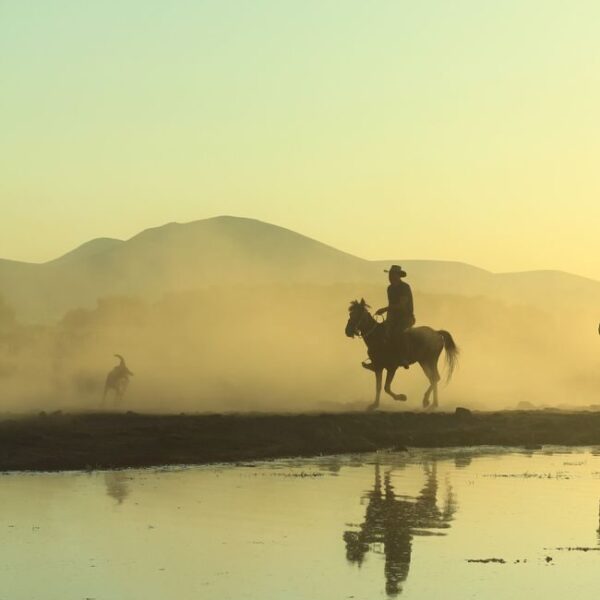 Silhouetted horse riders at sunset with misty mountain reflection in the lake.