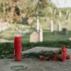 A serene cemetery scene with a red candle and carnations honoring a memory.
