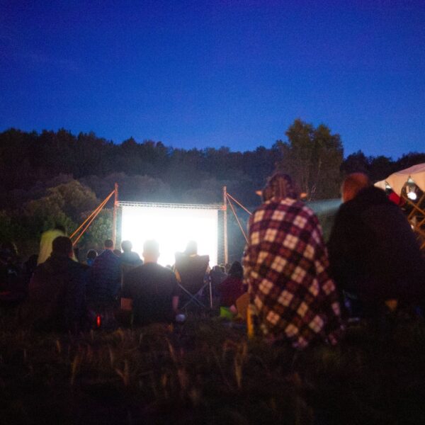 Adults gather outdoors for a night movie screening under the stars.