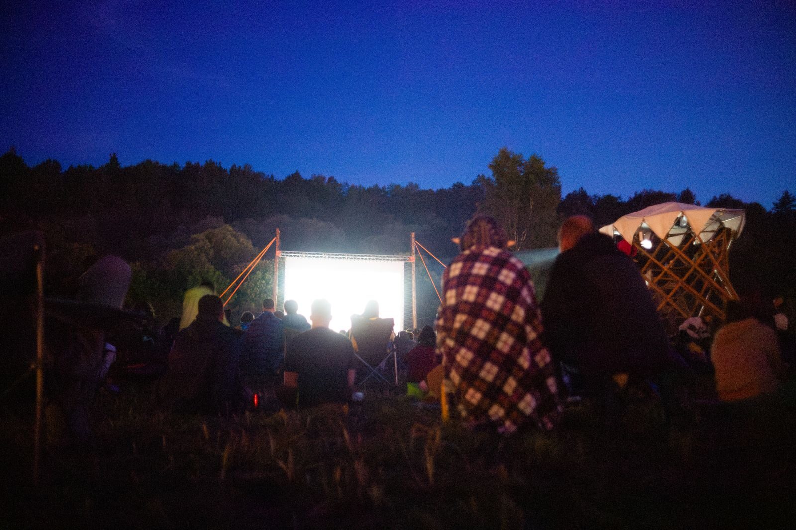 Adults gather outdoors for a night movie screening under the stars.