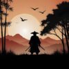 samurai, dark, night, swords, trees, nature, woods, outdoors, ai generated