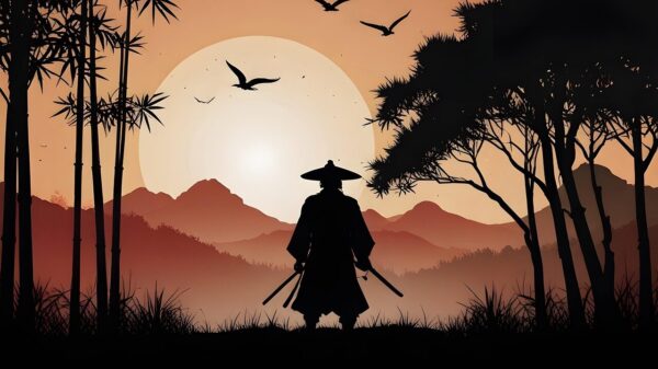 samurai, dark, night, swords, trees, nature, woods, outdoors, ai generated