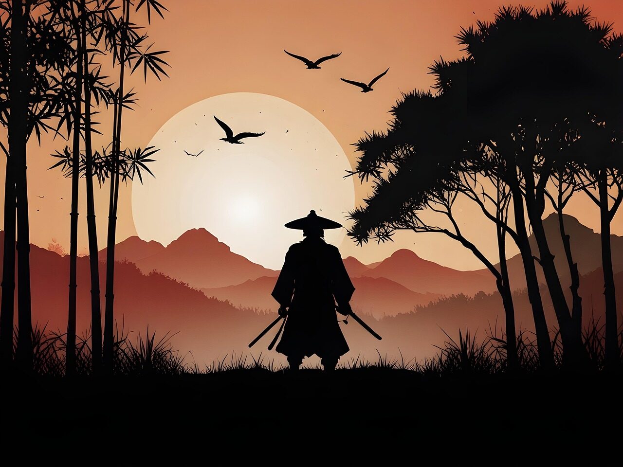 samurai, dark, night, swords, trees, nature, woods, outdoors, ai generated
