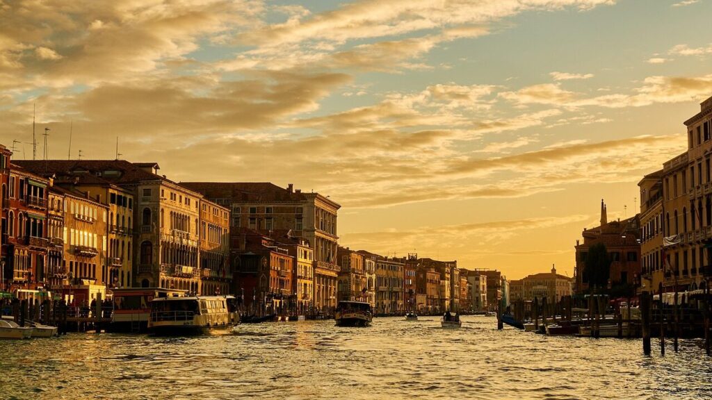 italy, grand canal, sunset, venice, venice grand canal, nature, landmark, channel