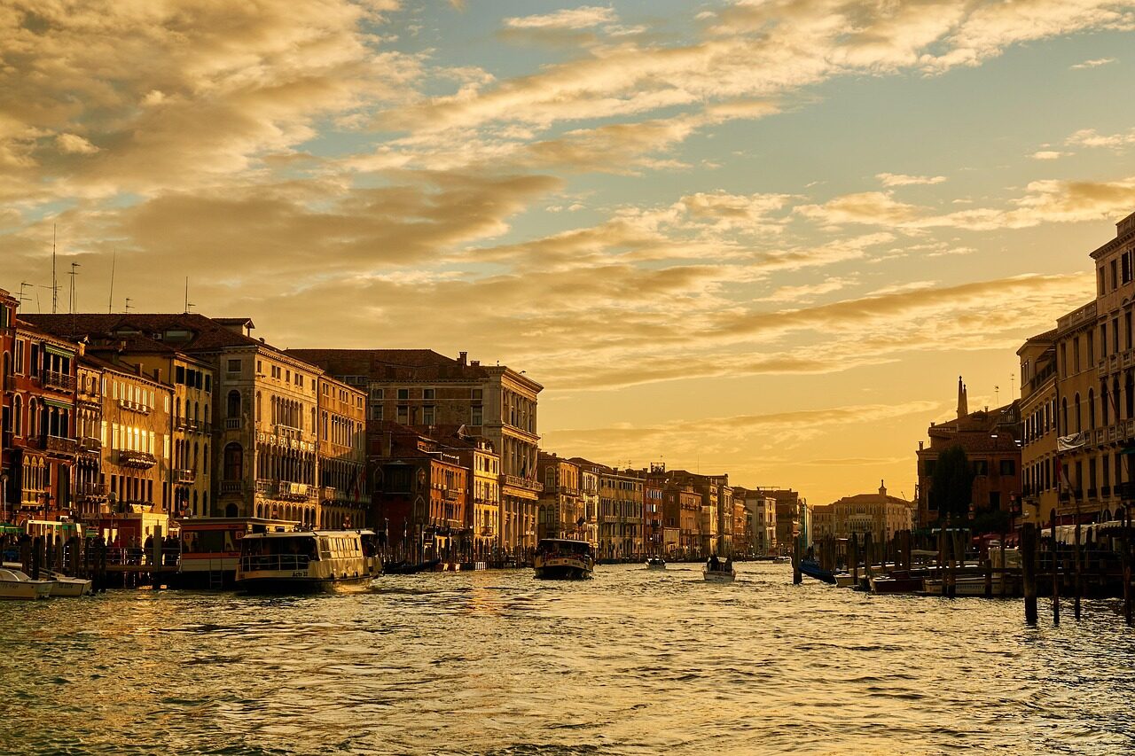 italy, grand canal, sunset, venice, venice grand canal, nature, landmark, channel