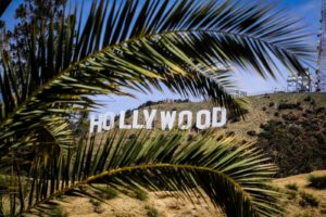 Famous Hollywood Sign framed by palm leaves on a sunny day in Los Angeles, California.