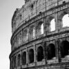 Classic black and white image of the Colosseum highlighting its architectural grandeur.