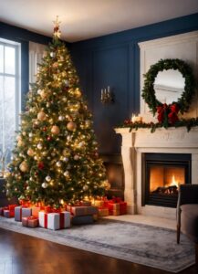 ai generated, tree, room, fireplace, gifts, presents, nature, holiday, christmas