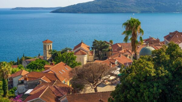 Aerial view of a charming Mediterranean village by the sea with red tiled roofs.