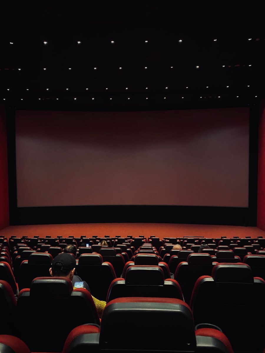 Dimly lit cinema hall with red seats and a blank screen. Minimal audience.