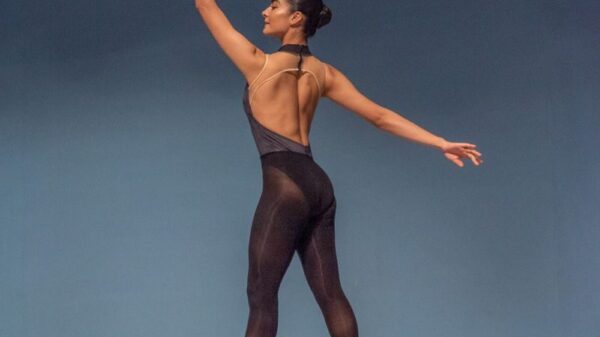 Ballet dancer gracefully posing on stage in a stunning performance.