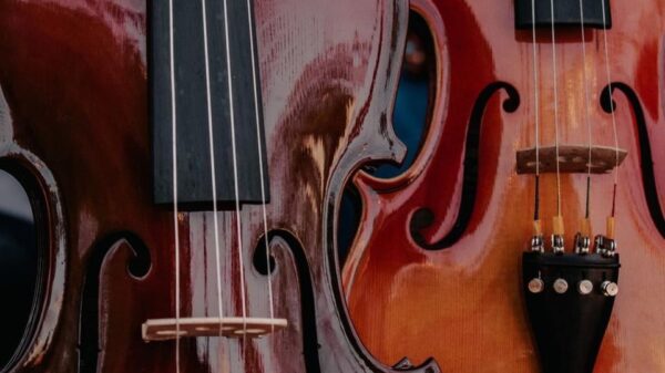 Detailed close-up of two violins showcasing their glossy wooden surfaces and strings.