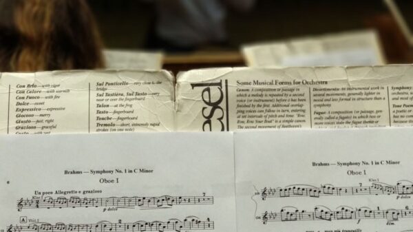 Detailed shot of sheet music during a symphony rehearsal, conductor in the background.