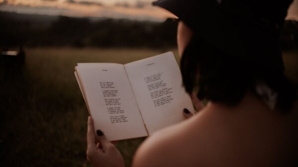 Back view of anonymous female in hat reading book with poetry in grassy field on blurred background on summer evening