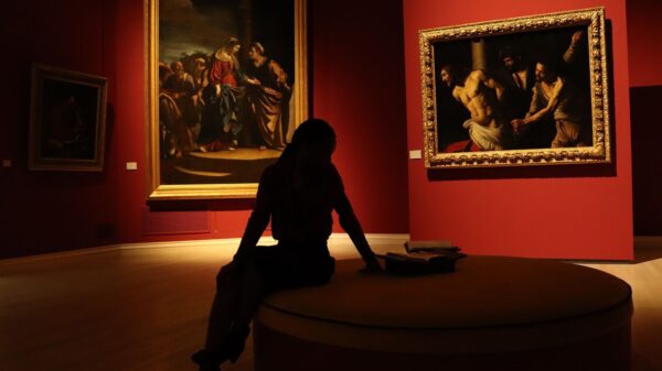 Silhouetted visitor in an art gallery with dramatic lighting on classic paintings.