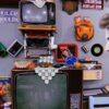 A nostalgic collection of vintage electronics and decor items on display in a cozy setting.
