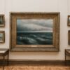 Elegant seascape painting in a classic art gallery with vintage frames.