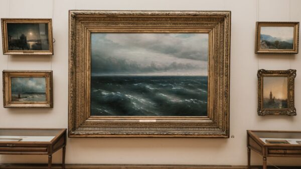 Elegant seascape painting in a classic art gallery with vintage frames.